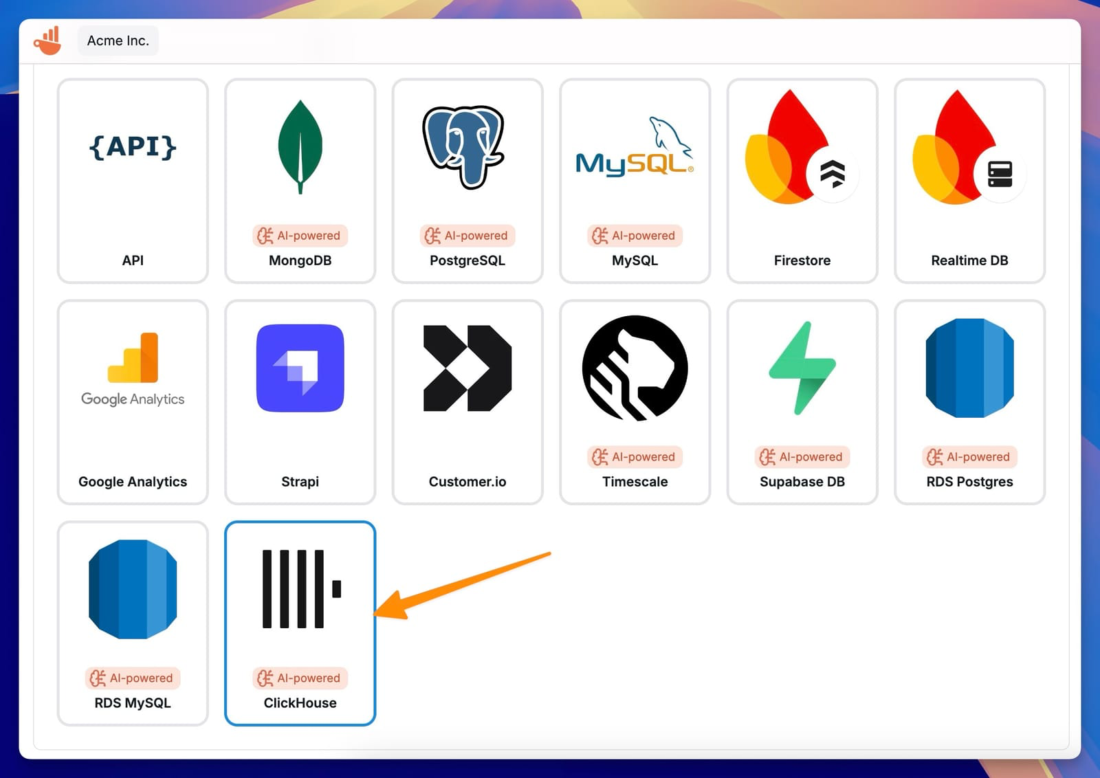 Выбор подключения ClickHouse в Chartbrew