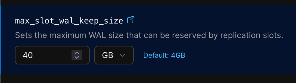 Настройка max_slot_wal_keep_size в консоли PlanetScale